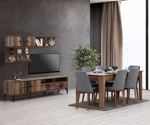 Comodă TV LOTTO 2 rafturi 2 uşi 2 sertare 200 cm, Nuc - Maroom