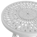 Masa rotunda exterior alb SARDEGNA, evidențiind designul ergonomic, materialul durabil și structura rezistentă la intemperii. Ideal pentru spații exterioare precum terase, grădini și cafenele.