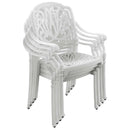Patru scaune albe de exterior stivuite, design compact și ergonomic, ideale pentru economisirea spațiului. Material durabil, protecție UV, perfect pentru terase, grădini și cafenele.