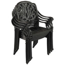 Patru scaune negre de exterior stivuite, design compact și ergonomic, ideale pentru economisirea spațiului. Material durabil, protecție UV, perfect pentru terase, grădini și cafenele.