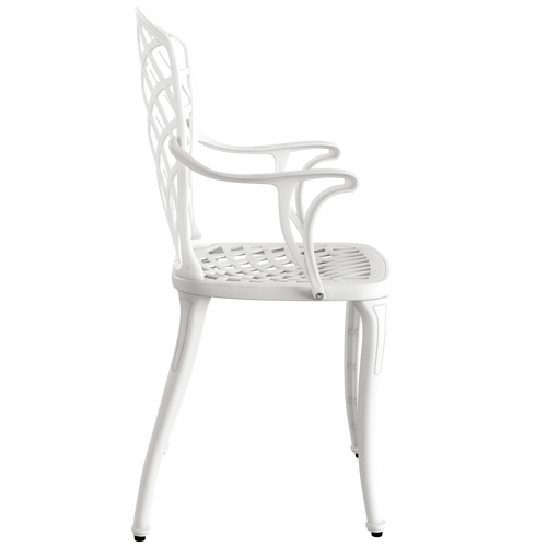 Scaun exterior alb PALERMO fotografiat din lateral, evidențiind designul ergonomic, structura durabilă și materialul rezistent la intemperii. Ideal pentru terase, grădini, balcoane, cafenele și restaurante.