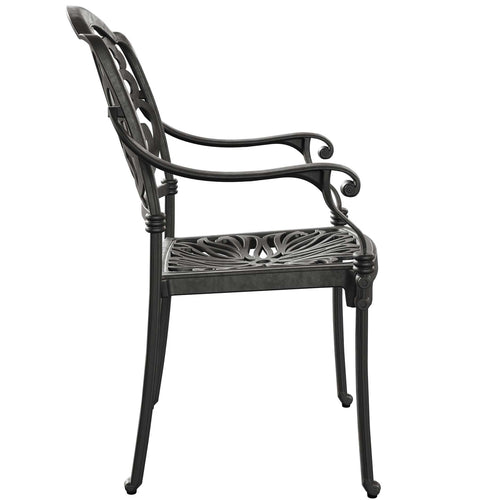 Scaun exterior negru CAPRI fotografiat din lateral, evidențiind designul ergonomic, structura durabilă și materialul rezistent la intemperii. Ideal pentru terase, grădini, balcoane,  cafenele și restaurante.