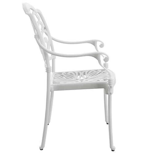 Scaun exterior stivuibil alb CAPRI, fotografiat din lateral, evidențiind designul ergonomic, structura durabilă și materialul rezistent la intemperii. Ideal pentru terase, grădini, balcoane, cafenele și restaurante.