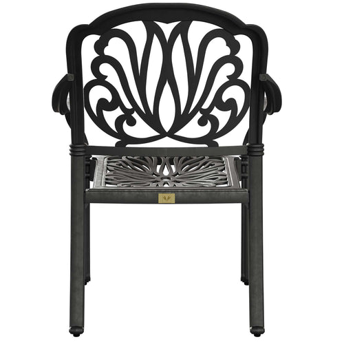 Scaun exterior stivuibil negru CAPRI fotografiat din spate, evidențiind designul ergonomic, materialul durabil și structura rezistentă la intemperii. Ideal pentru spații exterioare precum terase, grădini și cafenele.