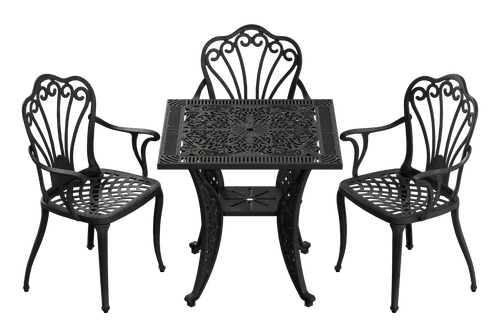 Set scaune și o masă pătrată neagră SARDEGNA, ideal pentru terase, grădini, cafenele și restaurante. Design elegant, material rezistent la intemperii, protecție UV și durabilitate sporită.