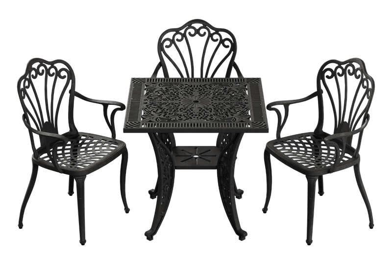 Set scaune și o masă pătrată neagră SARDEGNA, ideal pentru terase, grădini, cafenele și restaurante. Design elegant, material rezistent la intemperii, protecție UV și durabilitate sporită.