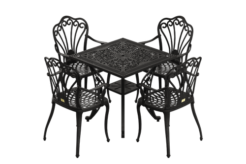 Set 4 scaune și o masă pătrată neagră SARDEGNA, ideal pentru terase, grădini, cafenele și restaurante. Design elegant, material rezistent la intemperii, protecție UV și durabilitate sporită.