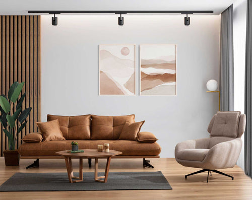 Canapea extensibilă TESLA,  senzația de piele natural, Picioarele : din metal vopsit în câmp electrostatic. , extensibila detalie ,  Set canapea maro deschis si fotoliu rotativ bej Tesla