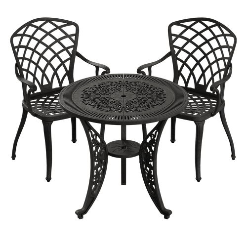 Set de mobilier exterior NEGRU cu 2 scaune și o masă, ideal pentru terase, grădini, cafenele și restaurante. Design elegant, material rezistent la intemperii, protecție UV și durabilitate sporită.
