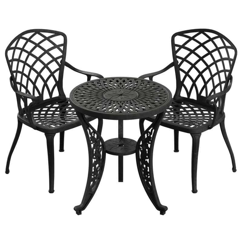 Set de mobilier exterior NEGRU cu 2 scaune și o masă, ideal pentru terase, grădini, cafenele și restaurante. Design elegant, material rezistent la intemperii, protecție UV și durabilitate sporită.