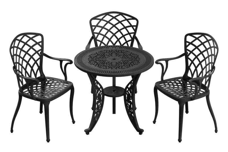 Set de mobilier exterior NEGRU cu 3 scaune și o masă, ideal pentru terase, grădini, cafenele și restaurante. Design elegant, material rezistent la intemperii, protecție UV și durabilitate sporită.