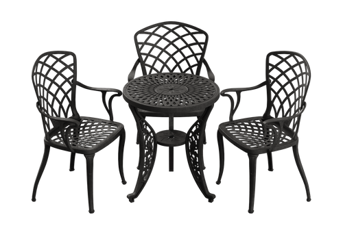 Set de mobilier exterior NEGRU cu 3 scaune și o masă, ideal pentru terase, grădini, cafenele și restaurante. Design elegant, material rezistent la intemperii, protecție UV și durabilitate sporită.