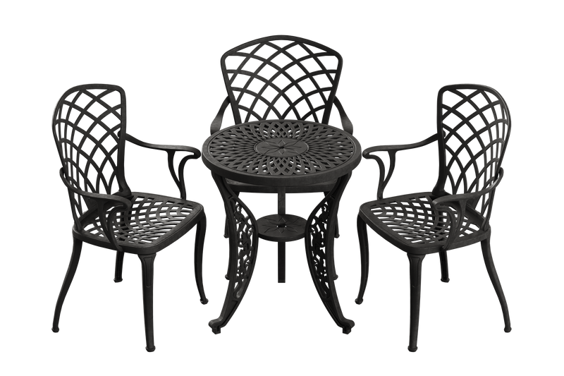 Set de mobilier exterior NEGRU cu 3 scaune și o masă, ideal pentru terase, grădini, cafenele și restaurante. Design elegant, material rezistent la intemperii, protecție UV și durabilitate sporită.