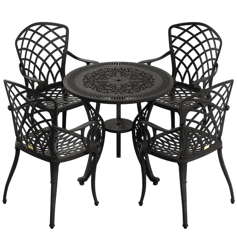 Set de mobilier exterior NEGRU cu 4 scaune și o masă, ideal pentru terase, grădini, cafenele și restaurante. Design elegant, material rezistent la intemperii, protecție UV și durabilitate sporită.
