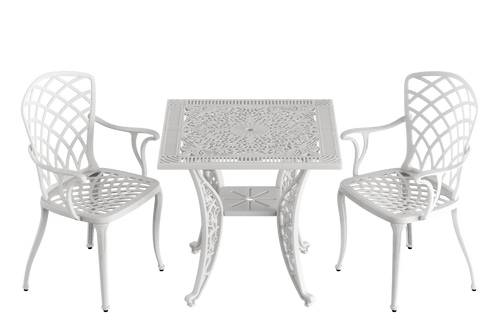 Set de mobilier exterior alb cu 2 scaune PALERMO și o masă SARDEGNA, ideal pentru terase, grădini, cafenele și restaurante. Design elegant, material rezistent la intemperii, protecție UV și durabilitate sporită.