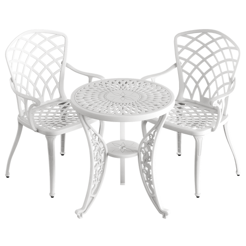 Set de mobilier exterior alb cu 2 scaune Palermo și o masă 60 cm, ideal pentru terase, grădini, cafenele și restaurante. Design elegant, material rezistent la intemperii, protecție UV și durabilitate sporită.