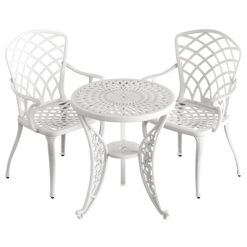 Set de mobilier exterior alb cu 2 scaune Palermo și o masă 60 cm, ideal pentru terase, grădini, cafenele și restaurante. Design elegant, material rezistent la intemperii, protecție UV și durabilitate sporită.