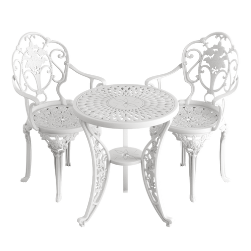Set de mobilier exterior alb cu 2 scaune SICILY și o masă, ideal pentru terase, grădini, cafenele și restaurante. Design elegant, material rezistent la intemperii, protecție UV și durabilitate sporită.