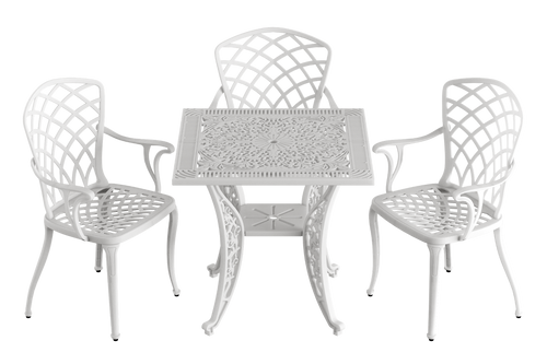 Set de mobilier exterior alb cu 3 scaune PALERMO și o masă SARDEGNA, ideal pentru terase, grădini, cafenele și restaurante. Design elegant, material rezistent la intemperii, protecție UV și durabilitate sporită.
