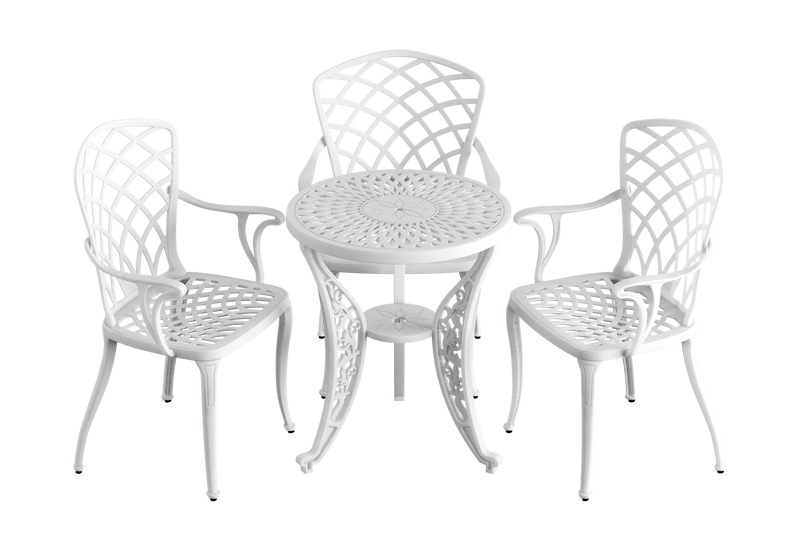 Set de mobilier exterior alb cu 3 scaune Palermo și o masă 60 cm, ideal pentru terase, grădini, cafenele și restaurante. Design elegant, material rezistent la intemperii, protecție UV și durabilitate sporită.