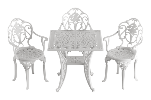 Set de mobilier exterior alb cu 3 scaune SICILY și o masă, ideal pentru terase, grădini, cafenele și restaurante. Design elegant, material rezistent la intemperii, protecție UV și durabilitate sporită.