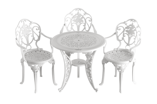 Set de mobilier exterior alb cu 3 scaune SICILY și o masă, ideal pentru terase, grădini, cafenele și restaurante. Design elegant, material rezistent la intemperii, protecție UV și durabilitate sporită.