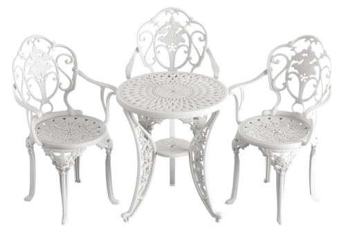 Set de mobilier exterior alb cu 3 scaune SICILY și o masă, ideal pentru terase, grădini, cafenele și restaurante. Design elegant, material rezistent la intemperii, protecție UV și durabilitate sporită.