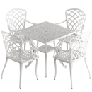 Set de mobilier exterior alb cu 4 scaune PALERMO și o masă SARDEGNA, ideal pentru terase, grădini, cafenele și restaurante. Design elegant, material rezistent la intemperii, protecție UV și durabilitate sporită.