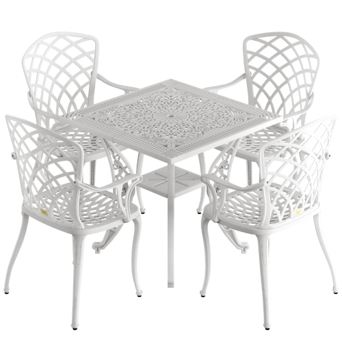 Set de mobilier exterior alb cu 4 scaune PALERMO și o masă SARDEGNA, ideal pentru terase, grădini, cafenele și restaurante. Design elegant, material rezistent la intemperii, protecție UV și durabilitate sporită.