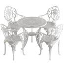 Set de mobilier exterior alb cu 4 scaune SICILY și o masă, ideal pentru terase, grădini, cafenele și restaurante. Design elegant, material rezistent la intemperii, protecție UV și durabilitate sporită.