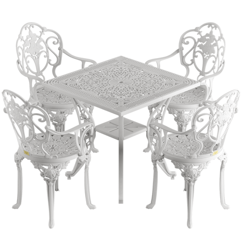 Set de mobilier exterior alb cu 4 scaune SICILY și o masă, ideal pentru terase, grădini, cafenele și restaurante. Design elegant, material rezistent la intemperii, protecție UV și durabilitate sporită.