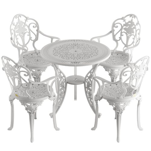 Set de mobilier exterior alb cu 4 scaune SICILY și o masă, ideal pentru terase, grădini, cafenele și restaurante. Design elegant, material rezistent la intemperii, protecție UV și durabilitate sporită.