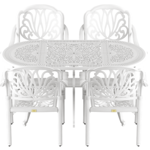 Set de mobilier exterior alb cu 4 scaune stivuibile CAPRI și masă ovala, ideal pentru terase, grădini, cafenele și restaurante. Design elegant, material rezistent la intemperii, protecție UV și durabilitate sporită.