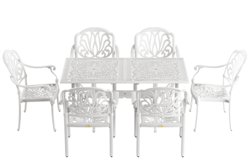 Set de mobilier exterior alb cu 6 scaune stivuibile CAPRI și masă, ideal pentru terase, grădini, cafenele și restaurante. Design elegant, material rezistent la intemperii, protecție UV și durabilitate sporită.