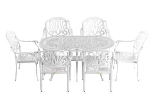 Set de mobilier exterior alb cu 6 scaune stivuibile CAPRI și masă ovala, ideal pentru terase, grădini, cafenele și restaurante. Design elegant, material rezistent la intemperii, protecție UV și durabilitate sporită.