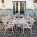 Set de mobilier exterior cu patru scaune alb RIMINI și o masă alb, ideal pentru terase, grădini, cafenele și restaurante. Design elegant, material rezistent la intemperii, protecție UV și durabilitate sporită.