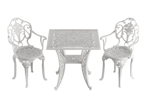 Set de mobilier exterior alb cu scaune SICILY și o masă, ideal pentru terase, grădini, cafenele și restaurante. Design elegant, material rezistent la intemperii, protecție UV și durabilitate sporită.