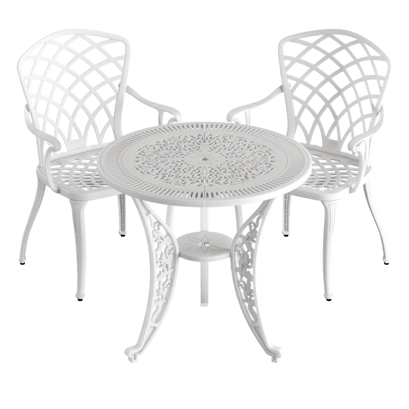 Set de mobilier exterior albe cu 2 scaune și o masă, ideal pentru terase, grădini, cafenele și restaurante. Design elegant, material rezistent la intemperii, protecție UV și durabilitate sporită.