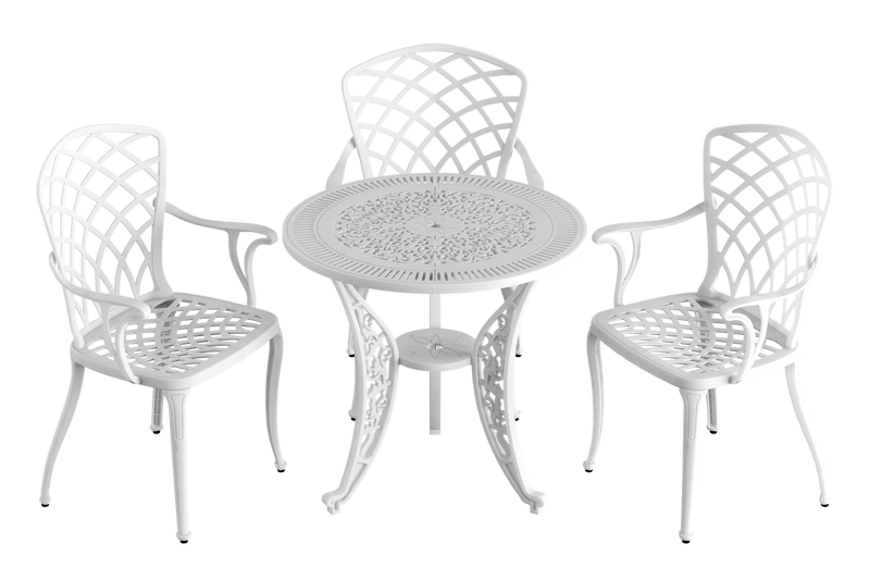 Set de mobilier exterior albe cu 3 scaune și o masă, ideal pentru terase, grădini, cafenele și restaurante. Design elegant, material rezistent la intemperii, protecție UV și durabilitate sporită.