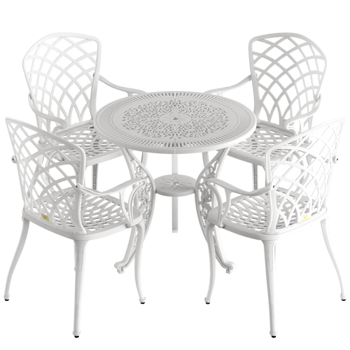 Set de mobilier exterior albe cu 4 scaune și o masă, ideal pentru terase, grădini, cafenele și restaurante. Design elegant, material rezistent la intemperii, protecție UV și durabilitate sporită.