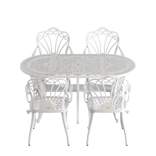 Set de mobilier exterior albe cu 4 scaune SARDEGNA și o masă, ideal pentru terase, grădini, cafenele și restaurante. Design elegant, material rezistent la intemperii, protecție UV și durabilitate sporită.