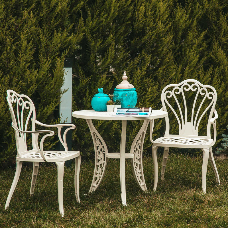 Set de mobilier exterior albe cu doua scaune SARDEGNA și o masă, ideal pentru terase, grădini, cafenele și restaurante. Design elegant, material rezistent la intemperii, protecție UV și durabilitate sporită.