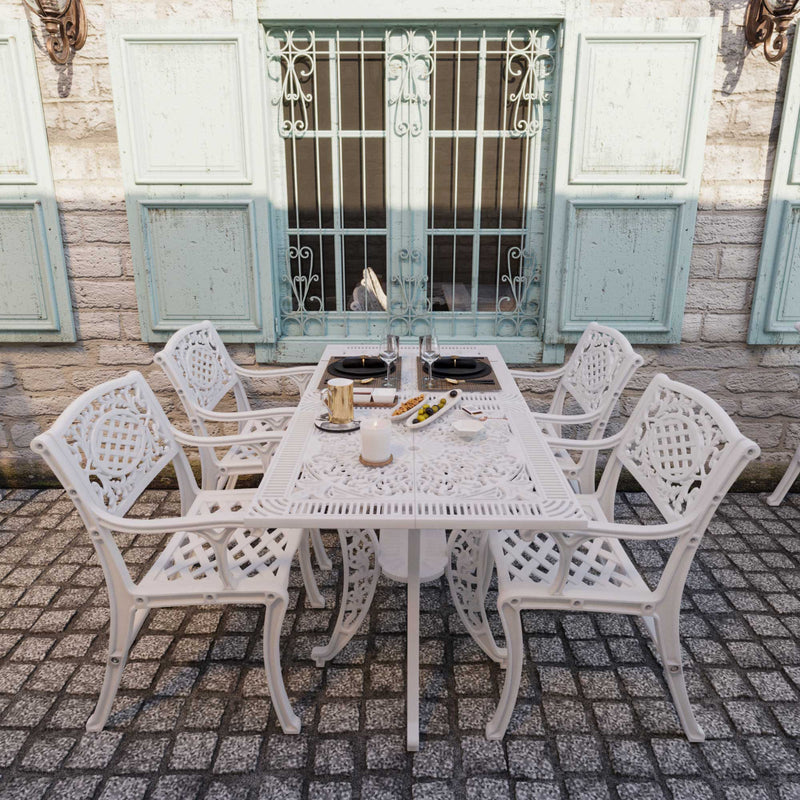 Set de mobilier exterior cu patru scaune albe  și o masă alb SARDEGNA, ideal pentru terase, grădini, cafenele și restaurante. Design elegant, material rezistent la intemperii, protecție UV și durabilitate sporită.