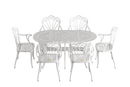 Set de mobilier exterior albe cu sase scaune SARDEGNA și o masă, ideal pentru terase, grădini, cafenele și restaurante. Design elegant, material rezistent la intemperii, protecție UV și durabilitate sporită.