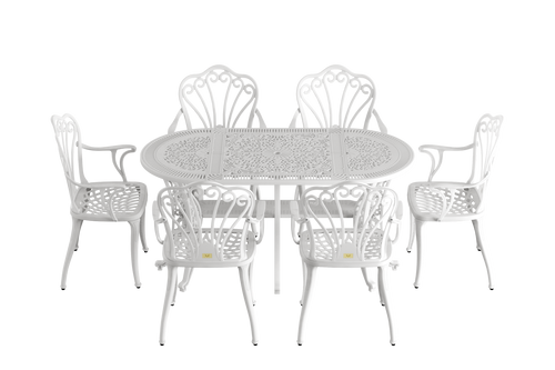 Set de mobilier exterior albe cu sase scaune SARDEGNA și o masă, ideal pentru terase, grădini, cafenele și restaurante. Design elegant, material rezistent la intemperii, protecție UV și durabilitate sporită.