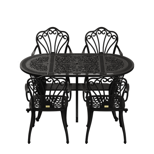 Set de mobilier exterior negre cu 4 scaune SARDEGNA și o masă, ideal pentru terase, grădini, cafenele și restaurante. Design elegant, material rezistent la intemperii, protecție UV și durabilitate sporită.