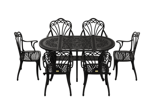 Set de mobilier exterior negre cu sase scaune SARDEGNA și o masă, ideal pentru terase, grădini, cafenele și restaurante. Design elegant, material rezistent la intemperii, protecție UV și durabilitate sporită.