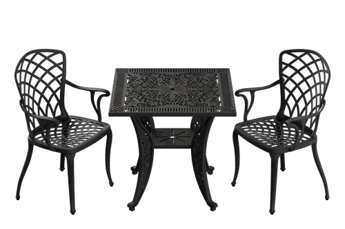 Set de mobilier exterior negru cu 2 scaune PALERMO și o masă SARDEGNA, ideal pentru terase, grădini, cafenele și restaurante. Design elegant, material rezistent la intemperii, protecție UV și durabilitate sporită.