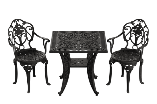 Set de mobilier exterior negru cu 2 scaune SICILY și o masă, ideal pentru terase, grădini, cafenele și restaurante. Design elegant, material rezistent la intemperii, protecție UV și durabilitate sporită.