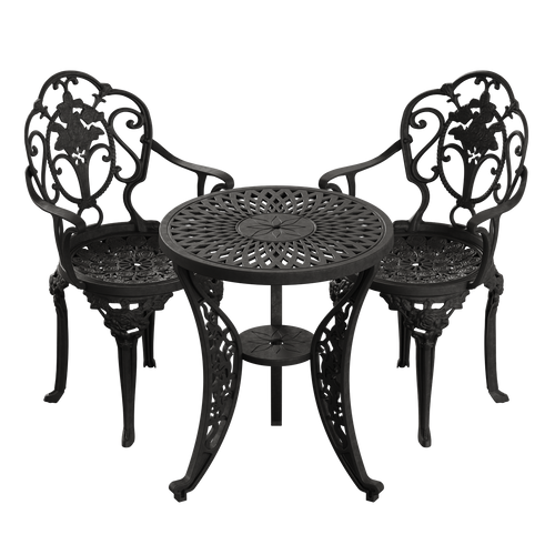 Set de mobilier exterior negru cu 2 scaune SICILY și o masă 60 cm, ideal pentru terase, grădini, cafenele și restaurante. Design elegant, material rezistent la intemperii, protecție UV și durabilitate sporită.